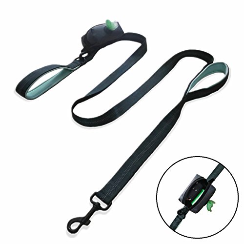 Glanzzeit 6 ft Long Dog Leash with Poop Bags Holder (incl. a roll of poop bags), Heavy Duty Dog Lead, 2 Soft Padded Handles (Mint Green)
