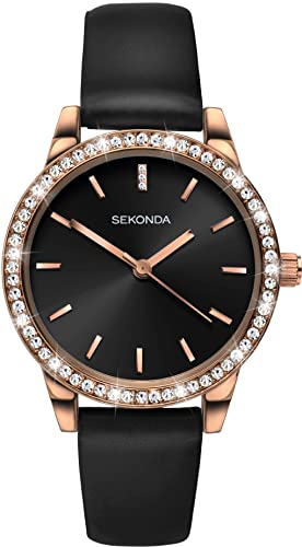 Sekonda Editions Ladies Analogue Quartz Watch with Rose Gold Case and Black Strap 40329