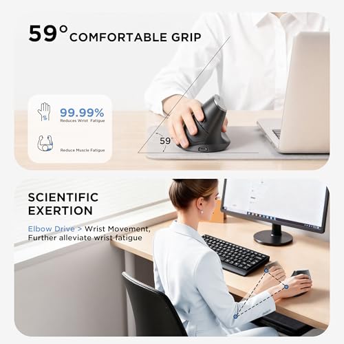 Uineer Wireless Ergonomic Mouse, Bluetooth Mice (BT4.0/5.0 and 2.4G) Rechargeable Vertical Mouse, 3 Multi-Device Connectivity for PC/Mac/Laptop/Computer, 4 DPI Quiet Clicks for Office, Home-Black