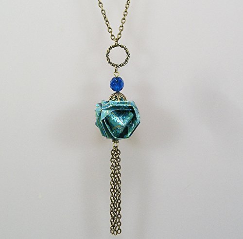 Sautoir Collier Origami Boule En Papier Japonais Bleu