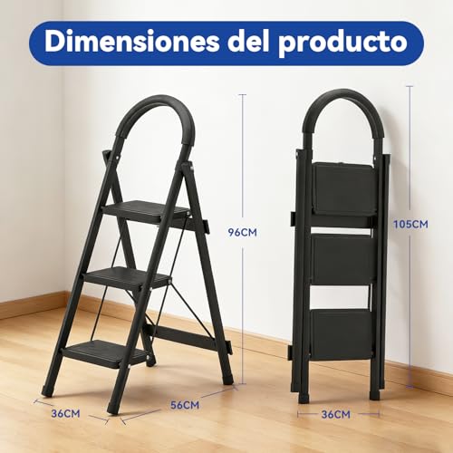 MOONPAI Escalera Plegable para Casa,Escalera de Tijera,Diseño de Cierre de Seguridad,Escalera Plegable de Peldaños,Patas y Pasamanos Antideslizantes,para Interior Y Exterior(Escalera 3 Peldaños)