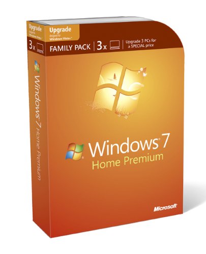 Microsoft Windows 7 Home Premium Upgrade Family Pack for XP or Vista users, 3 User Licence (PC DVD)