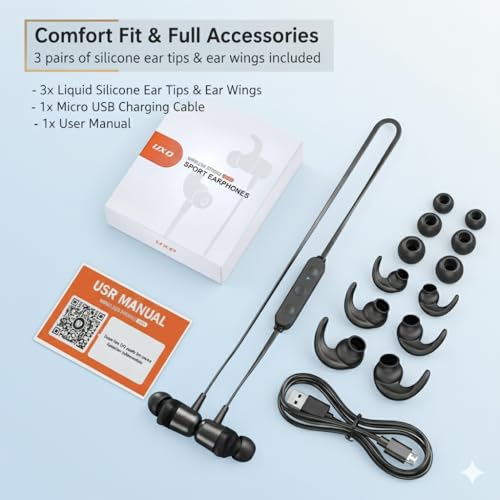 UXD Bluetooth Headphones, Wireless Bluetooth Headphones, Headphones with CVC 8.0 Built-in Microphone, 20 Hours Usage Time, IPX7 Waterproof, Sports Headphones, Running Headphones