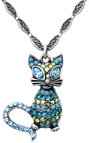 Glamour Puss Pewter Cat Pendant Necklace with Dazzling Aqua Blue Swarovski Crystals, 18", American Made