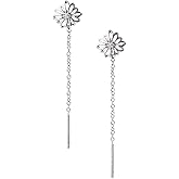 Dainty Daisy Flower Tassel Threader Earrings for Women Hypoallergenic 925 Sterling Silver Cubic Zirconia Crystal Floral Dangle Drop Ear Line Long Chain Earring Cute Jewelry Gifts Birthday