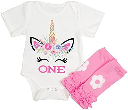 FIZUOXVE Newborn Infant Girls Short Sleeve Cute Unicorn Pattern Bodysuit With Leggings Set 12-18 Months