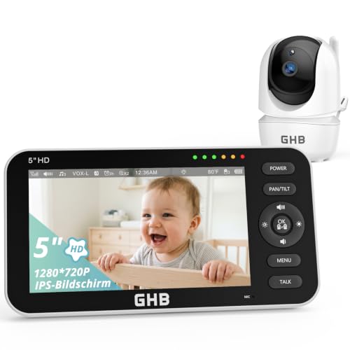 GHB Baby Monitor with Camera 5 Inch 720P HD Display with up to 168 Hours Battery Life in VOX Sleep Mode Split Screen Display Night Vision 4X Zoom Swivelling