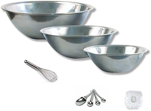 Mixing Bowls Stainless Steel 3 Pcs With 10 Inch Wire Whip Elastic Bowl Covers and Measuring Spoons. Bowl Sizes Are 1.5qt, 2qt, and 5qt Volume.