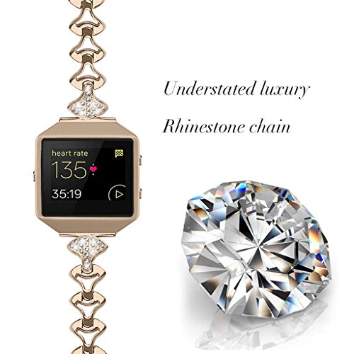Cywulin Compatible for Fitbit Blaze Replacement Bands Stainless Steel Bling Rhinestone Diamond Wristband Strap Bracelet Metal Accessory with Protective Frame Case Accessories Women Men (Gold)
