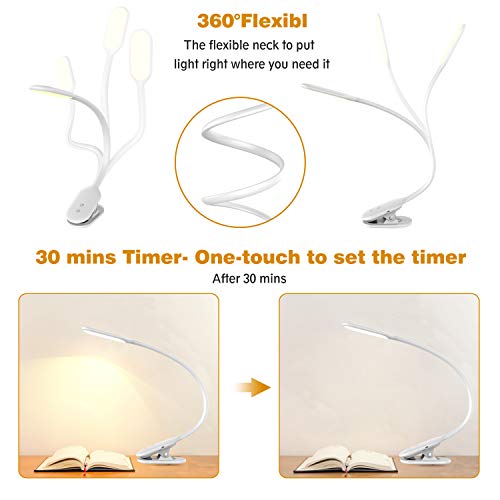 Clip Reading Light, Rechargeable 21 LEDs Desk Lamp, Touch Switch Table Lamps with Eye-Caring Dimmable Light, Clamp Book Light with 360°Flexible Swing Arm, 30 mins Timer, for Kids, Room, Office, School