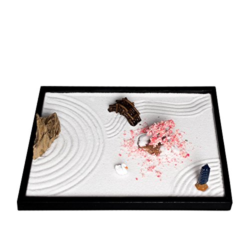ICNBUYS Zen Garden Sakura Pagoda Bridge Landscape Stone Set with Free Rake and Pushing Sand Pen Base Tray Dimensions 11.8 x 0.4 x 9.4 inches