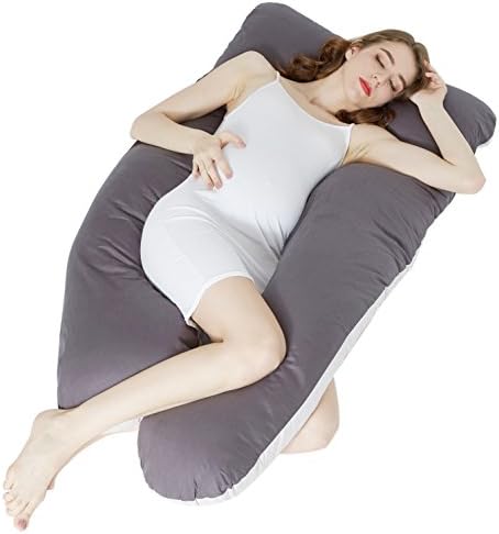 Calnartia Pregnancy pillow full body maternity pillow U shape with zippered washable case，Gray+Beige