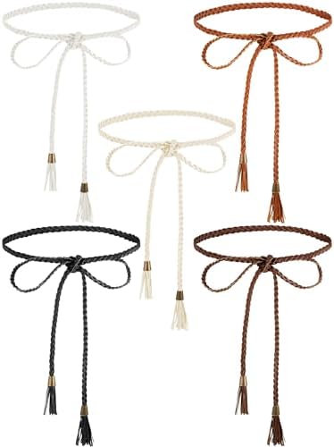 6 Pcs Rope Belts Fringe Waist Belt Braided Woven Tassels PU Leather Skinny Tie Geyoga 6 Pcs Rope Belts for Women Fringe Belts Waist Belt  main image 2