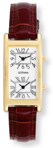 Gotham Men's Gold-Tone Dual Time Zone Leather Strap Watch # GWC15090GWBR