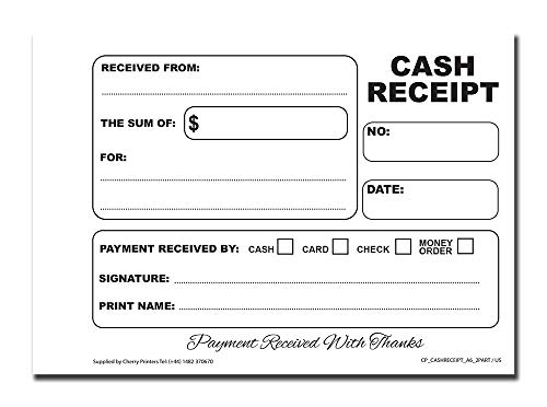Cherry Carbonless Cash Receipt Book, 2-Part, with Loose-Leaf Writing Shield, A6 (4.1 x 5.8 Inches) 50 Sets, Unnumbered