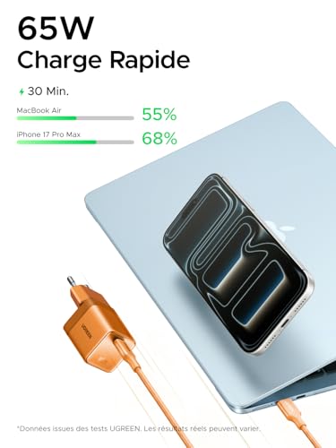 UGREEN Nexode Air 65W Chargeur USB C Rapide GaNInfinity avec Câble Compatible avec iPhone 17 Pro Max 16 Plus 15 14 13 12 Galaxy S26 S25 S24 Pixel 10 9 iPad MacBook Neo Air Pro M5 M4 M3 M2 M1 (Orange)