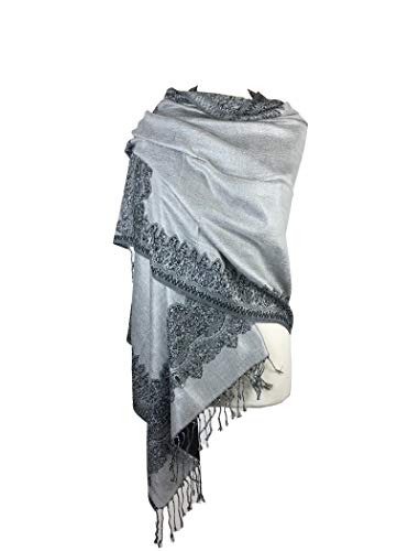 Paskmlna Border Pattern Double Layered Reversible Woven Pashmina Shawl Scarf Wrap Stole (003#27grey/black)