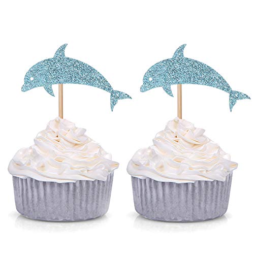 24 Blue Glitter Dolphin Cupcake Toppers Baby Shower Birthday Under the Sea Theme Party Decorations