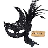 Coxeer Black Feather Masquerade Mask Party Mask with Flower Lace Decor