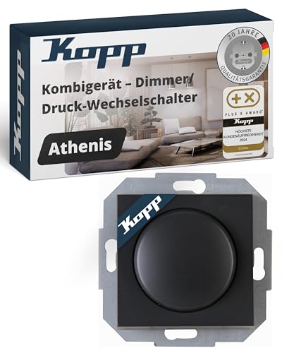Kopp ATHENIS Druck-Wechselschalter-Dimmer mit Drehknopf - Anthrazit - Dimmbarer Lichtschalter für Lampen, LED & Trafos - 20-25W RL & 3-35W LED - Phasenanschnittsdimmer mit Softrastung