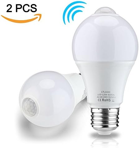 RAYHOO 12W Motion Sensor LED Light Bulb,1000 Lumens, E26 E27 A60 Light Bulb with PIR Motion Sensor, for Front Door Garage Basement Hallway Stairs, 6000K White, 2-Pack