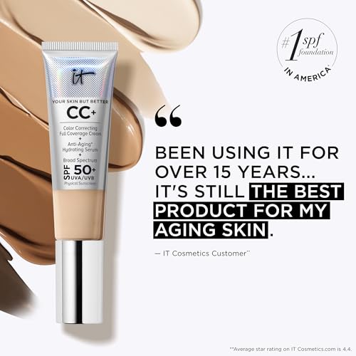 IT Cosmetics CC+ Cream - Natural Full Coverage Foundation With SPF 50+, Color Corrector & Anti-Aging Hydrating Serum, Hyaluronic Acid + Peptides, Lightweight Up To 24H Wear, All Skin Types- 1.08 fl oz