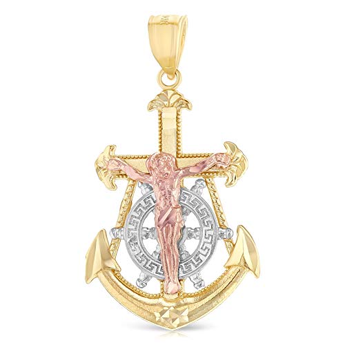 14K Tri Color Gold Jesus Crucifix Anchor Pendant with 2.3mm Figaro 3+1 Chain Chain Necklace - 20" - Thumbnail 2