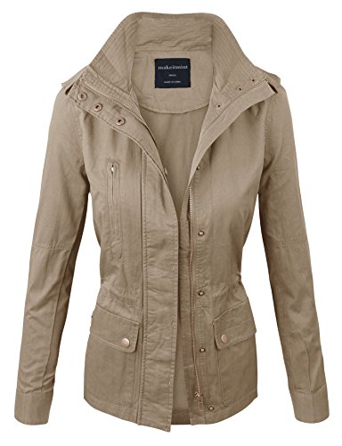 makeitmint Women's Zip Up Military Anorak Jacket w/Pockets Large Beige