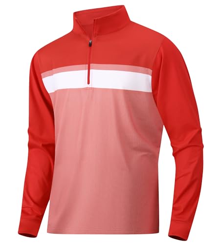 Mens Long Sleeve Color Block Stand Collar Zipper Golf Polo,Red,L at Amazon