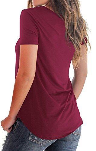 KUSMOO Women's Summer Cross Front Tops Loose Deep V Neck Junior Girls T Shirts (Wine Red, Medium)