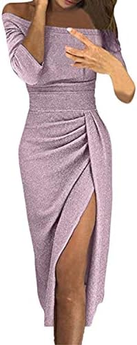 Women Sexy Off Shoulder Long Sleeve Ruched Thigh Slit Dress Evening Party Cocktail Dress