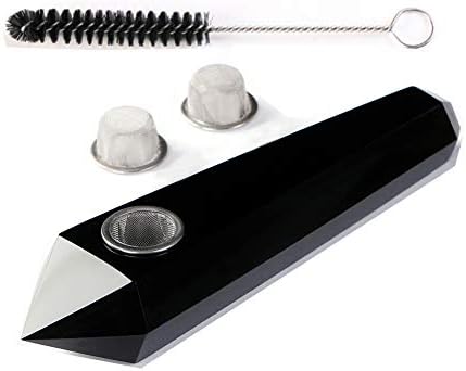 Primemory Natural Obsidian Crystal Pipe with 2pcs Metal Filter and One Brush, Smoking Pipe, Pipes for Tobacco About 4-4.5 Inches
