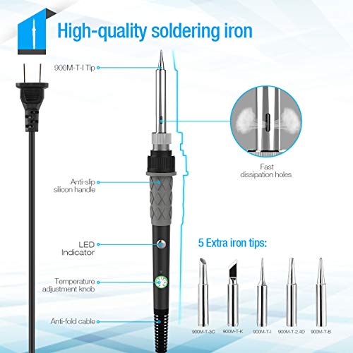 Soldering Iron Kit 60W,Adjustable Temperature Soldering Iron,ESD Wristband, 5 Solder Tips, Solder Sucker, Solder Wire, Soldering Iron, Tweezers,with Tool Carry Case - Thumbnail 3