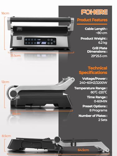 FOHERE Multifunctional 4 in 1 Contact Grill, Waffle Maker and Sandwich Maker with 4 Removable Non-Stick Plates, Individual Time and Temperature, LED Display, 2000W