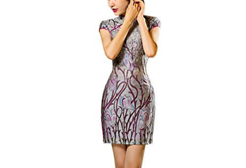 XueXian(TM) Women's Summer Chinese Style Cheongsam Party Qipao Short Dress Grey Purple