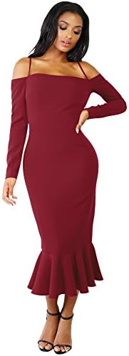 Women' Elegant Sexy Off Shoulder Neck Sling Mermaid Midi Dance Bodycon Dress (Medium, Wine Red)