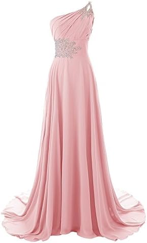 YanLian Women's One Shoulder Beadings Chiffon Bridesmaid Long Prom Dresses Blush US10