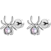 20g Cute CZ Spider Flat Screw Back Stud Earrings for Women Men Titanium Steel Silver Plated Crystal Animal Cartilage Tragus Helix Piercing Studs Hypoallergenic Halloween Party Fashion Jewelry