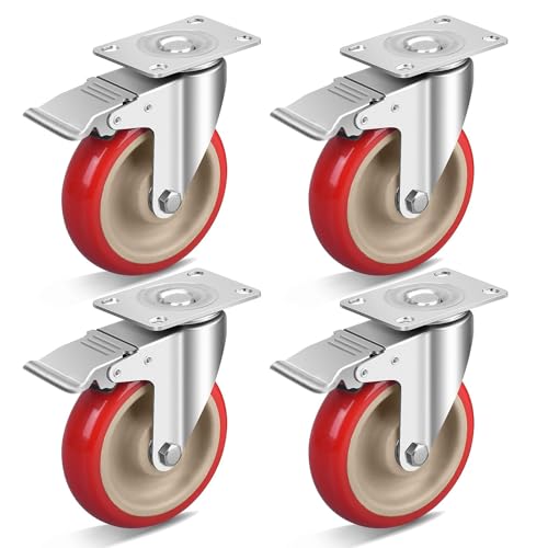 5-Inch Heavy-Duty Caster Wheels Set of 4-2400Lbs Total Capacity, Industrial Strength Polyurethane Wheels with Secure Double Locks, Smooth, Noise-Free Rolling for Carts, Workbenches & Furniture