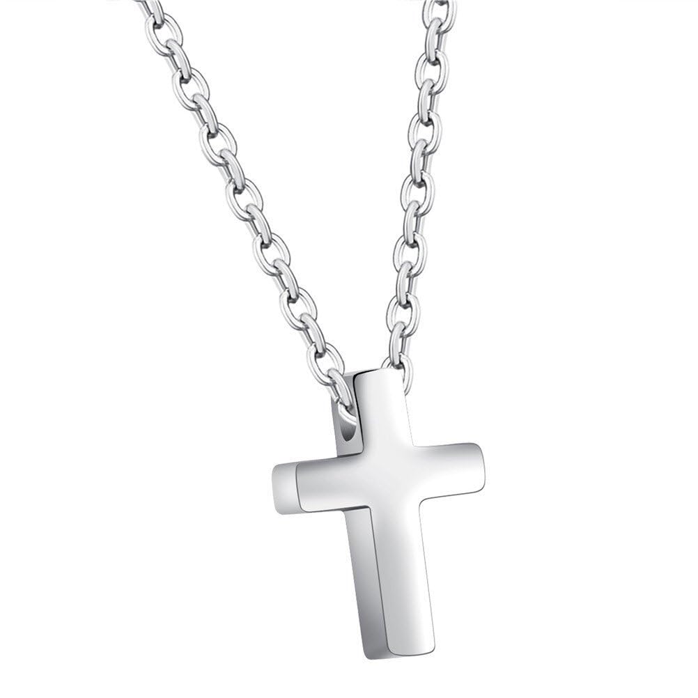 PAURO Women's Dainty Small Cross Stainless Steel Pendant Necklace with 16 Inches Chain Silver Tone