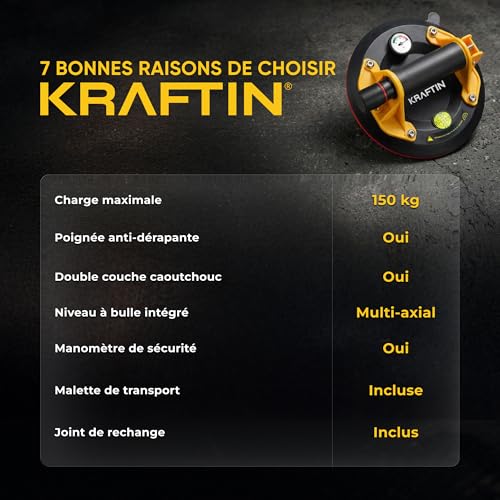 KRAFTIN Suction Cup Tile Vacuum Pump Diameter 200 mm 150 kg – Double Layer Rubber High Adhesion – Bubble Level + Pressure Gauge – Non-Slip Handle – Professional – Ceramic, Marble, Glass
