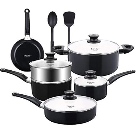 COOKSMARK Lovepan Beets 12-teilig Antihaft Kratzfeste Töpfe und Pfannenset Spülmaschinenfest Aluminium Topfset Keramik Bratpfanne Glasdeckel Nylon Kochzubehör Kasserolle Suppentopf Schwarz