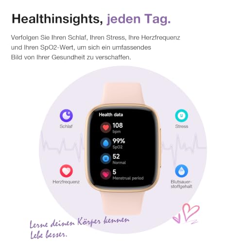 Smartwatch Women Men, 1.85 Inch AMOLED Touch Screen, Fitness Tracker with Bluetooth Calls & AI, Heart Rate, SpO2, Sleep & Women's Cycle Tracking, 100+ Sports Modes, 3ATM Waterproof for iOS & Android