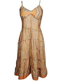 Women's Silk Dress Spaghetti Strap Printed Tiered Midi Dresses S/M