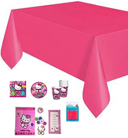Pink party supplies - Way to Celebrate hot pink candles and table cover and Hellow Kitty plates, cups, napkins and favor pack)