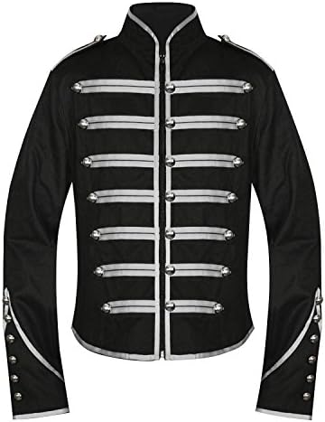 Men's Unique Gothic Steampunk Silver Black Parade Military Marching Band Jacket
