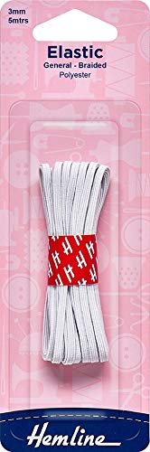 Hemline General Purpose Braided Elastic – 3mm x 5m White Durable Polyester Elastic for Sewing, Swimwear, and Casting Applications, Strong and Hardwearing