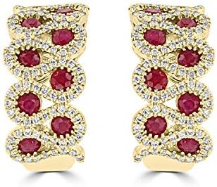 14K Yellow Gold Cuff/Dangle Earrings with Real Ruby Stones and Natural Diamonds for Women - July Birthstone Gift