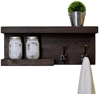 Rustic 2 Tier Bathroom Shelf with Towel Hooks on right