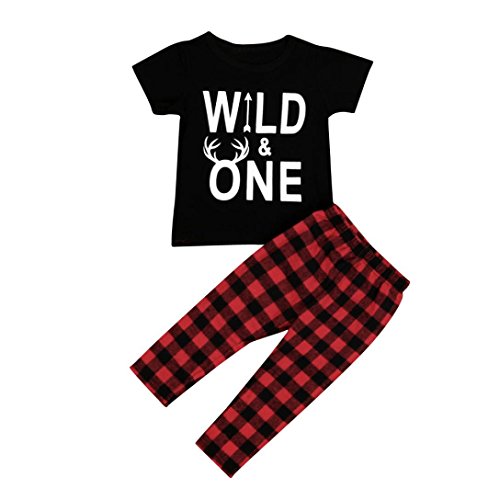 Fheaven 2PCS Infant Baby Boy Short Sleeve T-shirt+Plaid PantsOutfits Clothes (12M, Red)